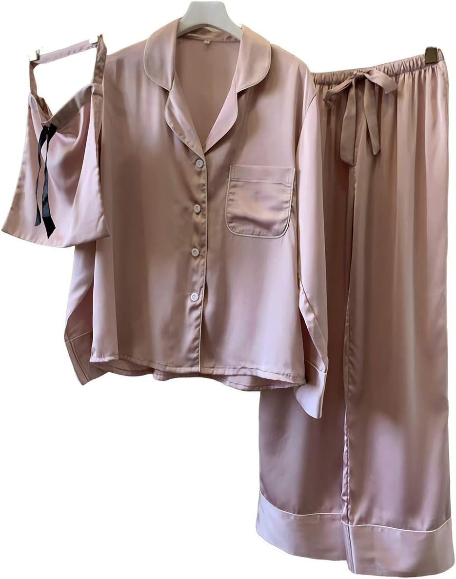 Pajamas Set Women Silk Satin Long Sleeve Sleepwear Button down Nightwear Soft Pj Loungewear with Chest Pocket Pink