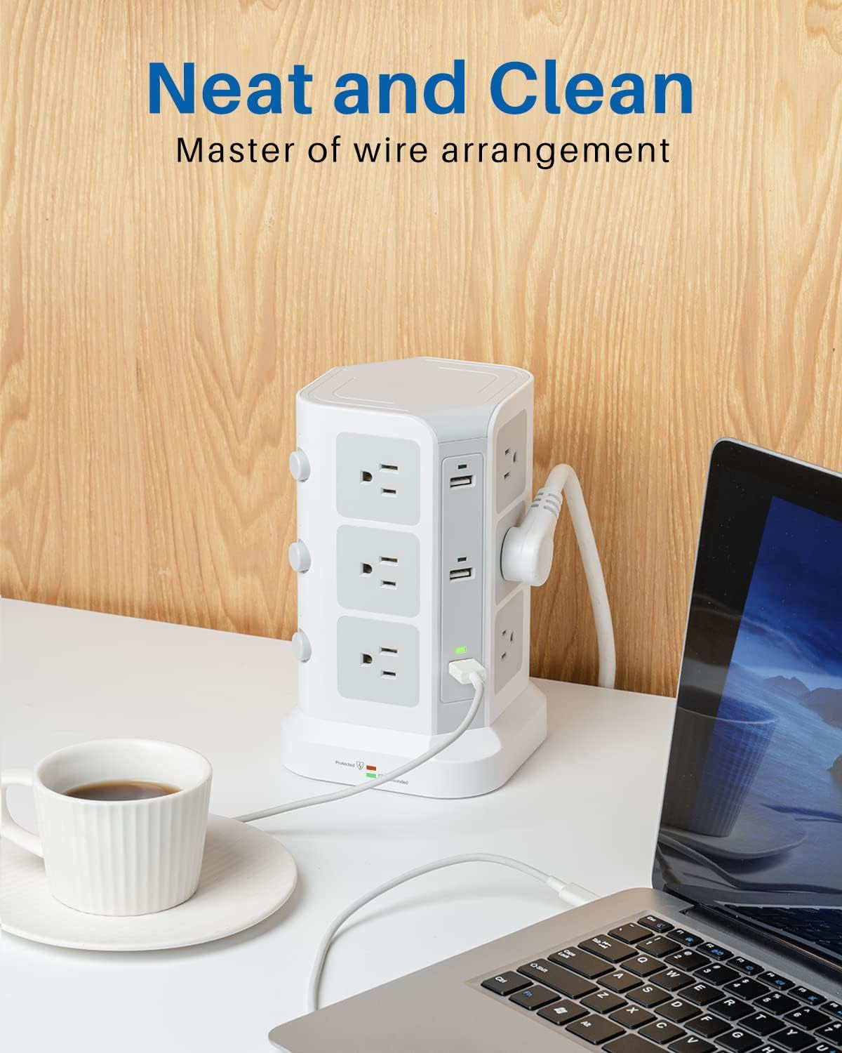 Surge Protector Power Strip Tower,  16.4 FT Extra Long Cord Flat Plug - [15A 1500J] Heavy-Duty 12 Widely Multiple Outlets & 6 USB Charging Station for Home, Office, Dorm White