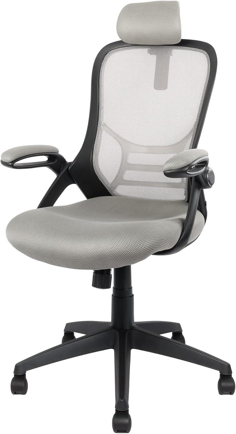 Office Chair Executive Mesh Computer Desk Chair Comfortable with Headrest, Flip-Up Arms, Adjustable Height, Black & Grey