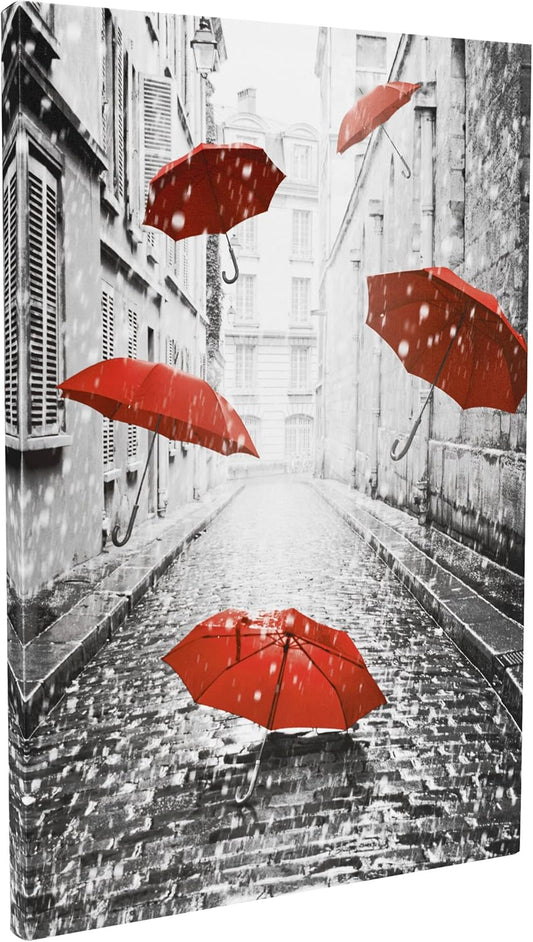 Large Canvas Wall Art Romantic Red Umbrellas Flying on Paris Raining Street Canvas Prints Wall Art Wooden Framed City Landscape Decors for Living Room Bedroom Bathroom 16×24 Inch