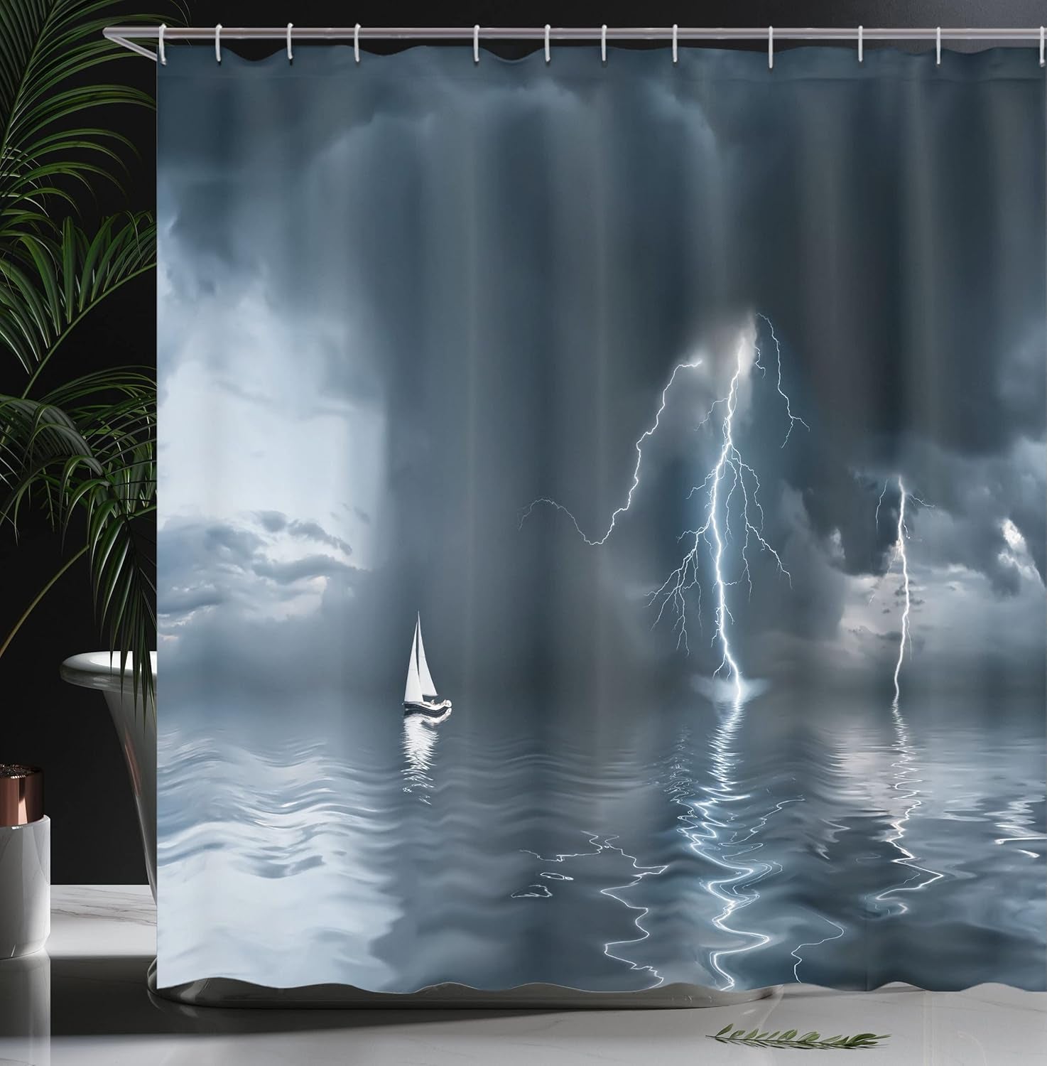 Sailboat Shower Curtain, Yacht at the Ocean Comes Nearer a Thunderstorm Rain and Bolt Art Print, Cloth Fabric Bathroom Decor Set with Hooks, 69" W X 70" L, Blue Grey