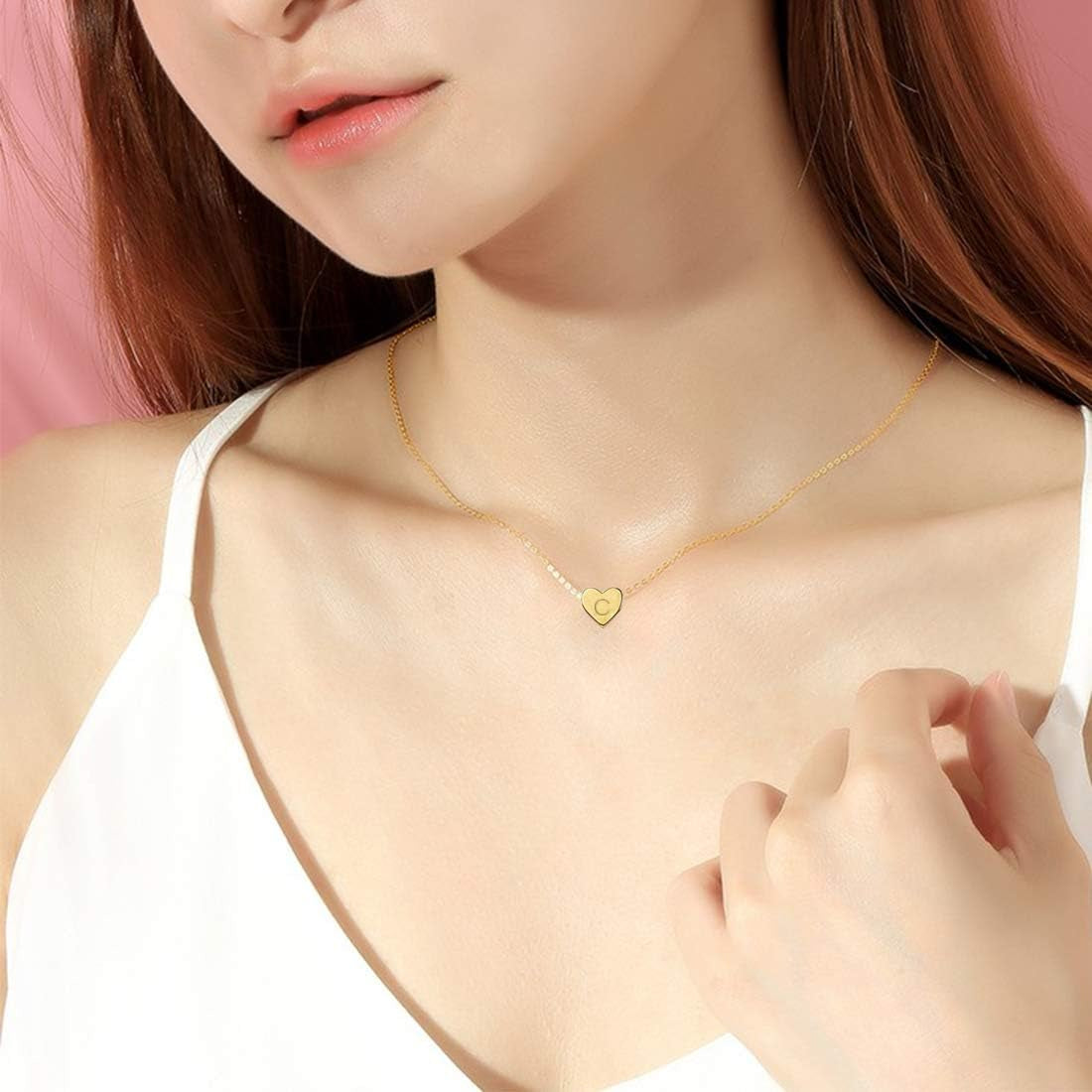 18K Gold Plated Initial Heart Necklace Stainless Steel Name Necklace Personalized Tiny Heart Pendant Letter C Necklace for Women