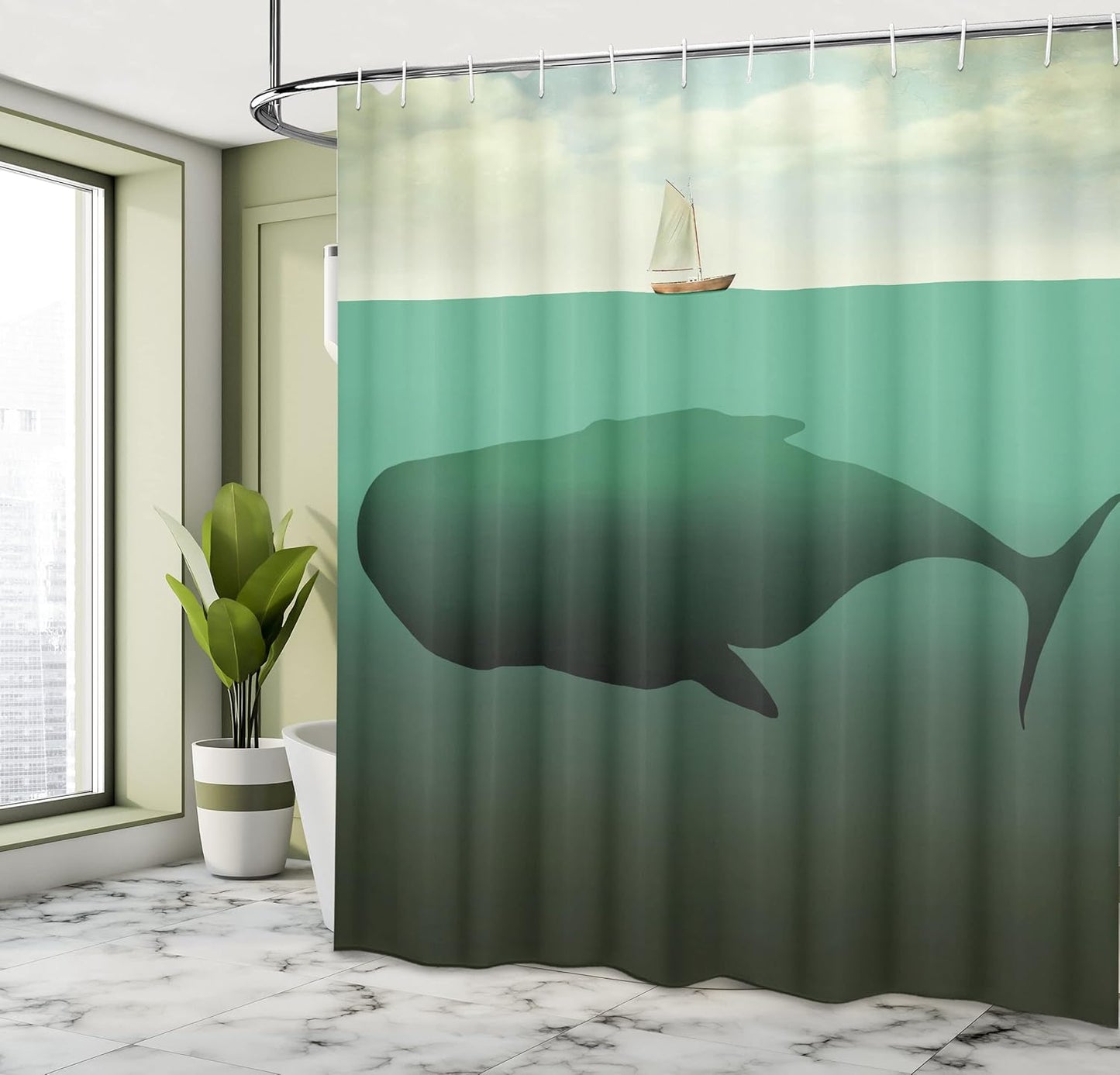 Fantasy Shower Curtain, Surreal Giant Whale in the Middle of Sea and Little Sailboat on the Surface Print, Cloth Fabric Bathroom Decor Set with Hooks, 69" W X 75" L, Green Beige