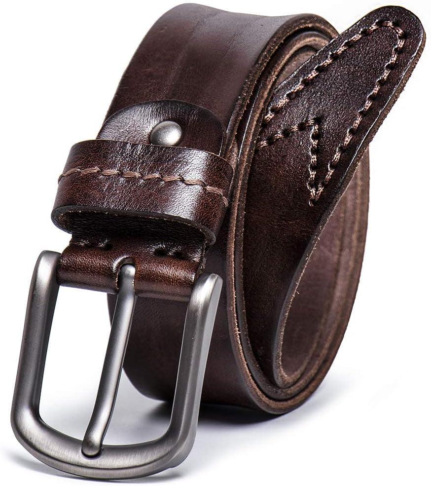 Men'S Casual Genuine Leather Belt,Full Grain Cow Leather Strap Classic Gift Design with Prong Buckle (Dark Brown, Fit Pant Size:34-38)