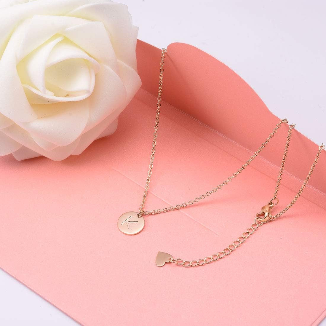 Stainless Steel Initial Necklaces Rose Gold Silver Tone Alphabet 12Mm / 0.47 Inches Tiny Disc Pendant Initial Necklace for Women Girls