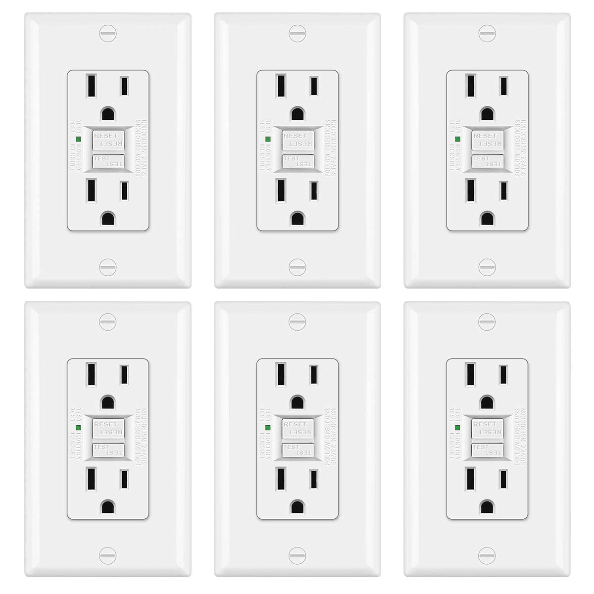 (6 Pack) 15 Amp Slim GFCI Receptacle Outlet, Self Test GFI with LED Indicator, UL Listed