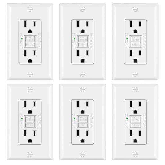 (6 Pack) 15 Amp Slim GFCI Receptacle Outlet, Self Test GFI with LED Indicator, UL Listed