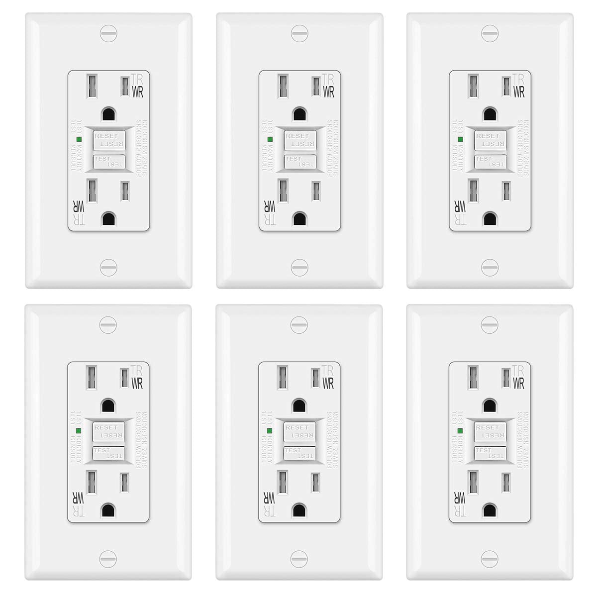 (6 Pack) 15 Amp Outdoor GFCI Outlet, Weather-Resistant (WR) and Tamper-Resistant (TR), Self Test GFI Receptacle with LED Indicator, UL Listed, White