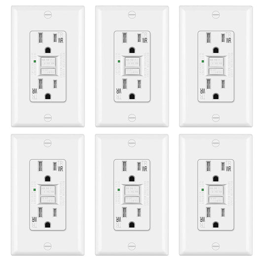 (6 Pack) 15 Amp Outdoor GFCI Outlet, Weather-Resistant (WR) and Tamper-Resistant (TR), Self Test GFI Receptacle with LED Indicator, UL Listed, White