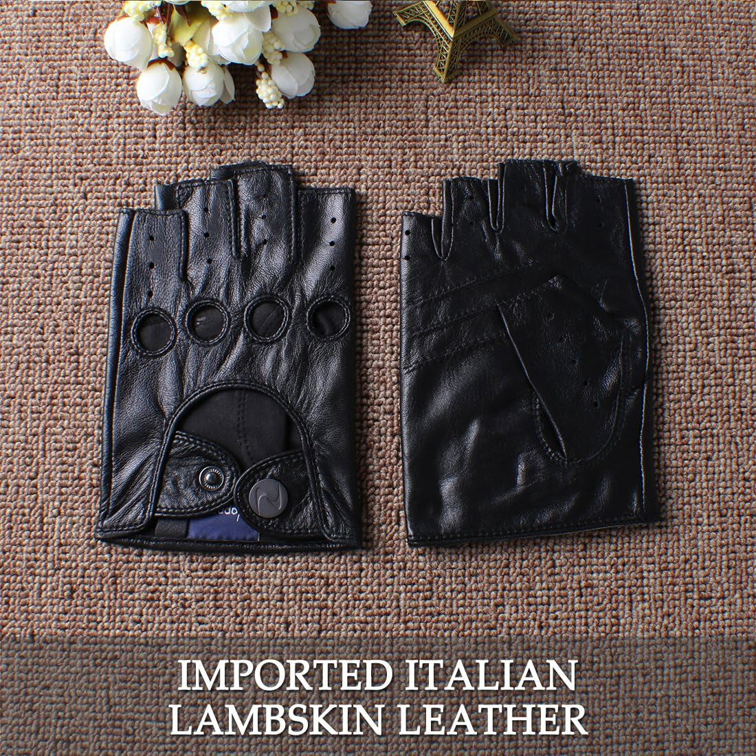 Men'S Leather Driving Gloves Italian Lambskin Half Finger Fingerless Unlined Gloves for Motorcycle Cycling Riding