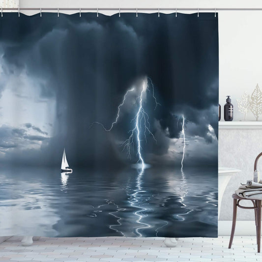 Sailboat Shower Curtain, Yacht at the Ocean Comes Nearer a Thunderstorm Rain and Bolt Art Print, Cloth Fabric Bathroom Decor Set with Hooks, 69" W X 70" L, Blue Grey