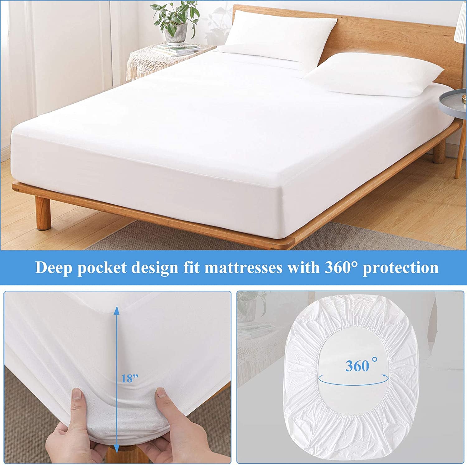 Queen Premium Waterproof Mattress Protector, Soft Breathable Mattress Pad Cover, Noiseless Waterproof Bed Cover - Stretch to 21" Fitted Deep Pocket Mattress Protection Cover