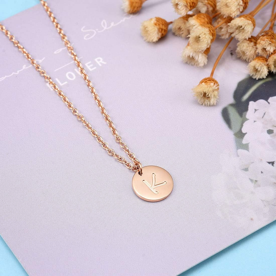 Stainless Steel Initial Necklaces Rose Gold Silver Tone Alphabet 12Mm / 0.47 Inches Tiny Disc Pendant Initial Necklace for Women Girls