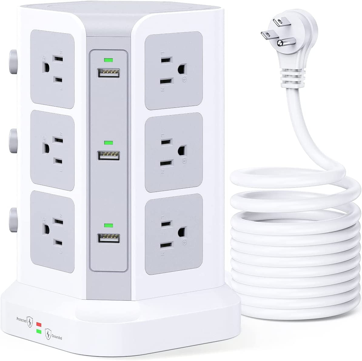 Surge Protector Power Strip Tower,  16.4 FT Extra Long Cord Flat Plug - [15A 1500J] Heavy-Duty 12 Widely Multiple Outlets & 6 USB Charging Station for Home, Office, Dorm White