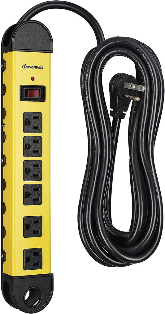 Metal Power Strip, 6-Outlet Heavy Duty Surge Protector with 15FT Long Cord, 14AWG/3C, 15A Circuit Breaker, 900 Joules, Low Profile Flat Plug, Wall Mountable, UL Listed Yellow