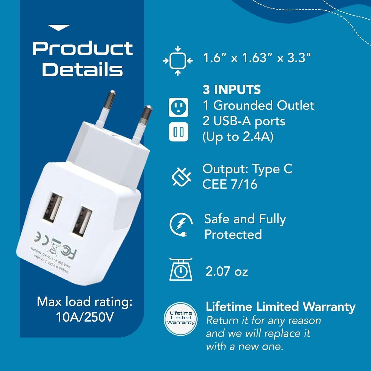 European, Egypt Travel Adapter Plug with Dual USB - Type C - Europe - Usa Input - Light Weight - Perfect for Cell Phones, Chargers, Cameras and More - 2 Pack