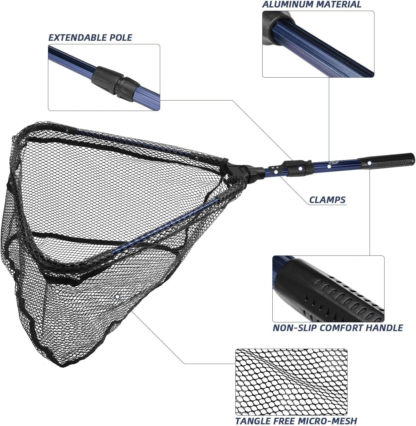 Foldable Fishing Landing Net with Collapsible Telescopic Aluminum Pole Handle,Durable Mesh with Rubber Coating for Kayak Fishing Net