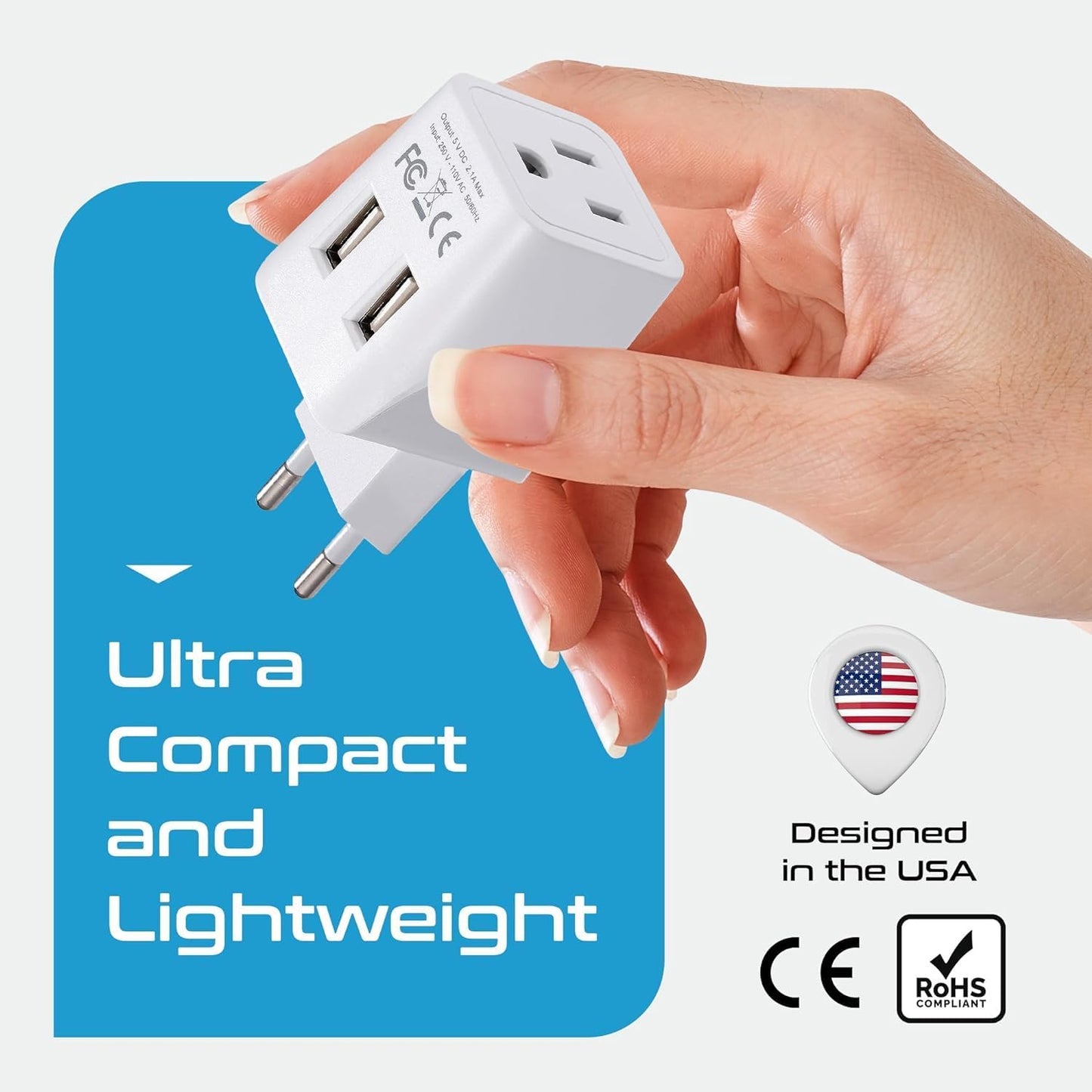 European, Egypt Travel Adapter Plug with Dual USB - Type C - Europe - Usa Input - Light Weight - Perfect for Cell Phones, Chargers, Cameras and More - 2 Pack