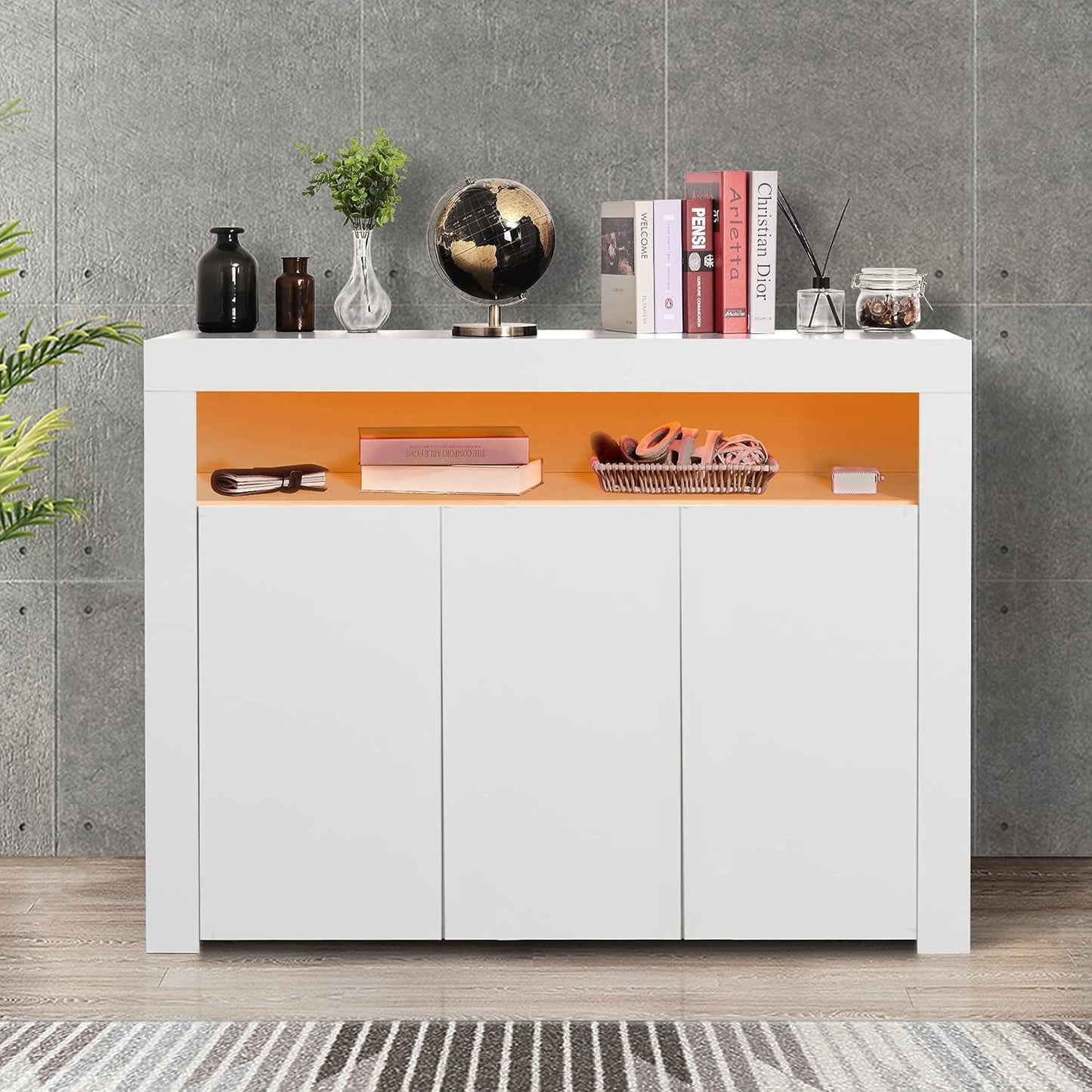 Modern High Gloss Sideboard Buffet Storage Cabinet with Led Lights, 1 Open Shelf and 3 Doors, Cupboard for Kitchen, Dining Room and Living Room, White (004W)