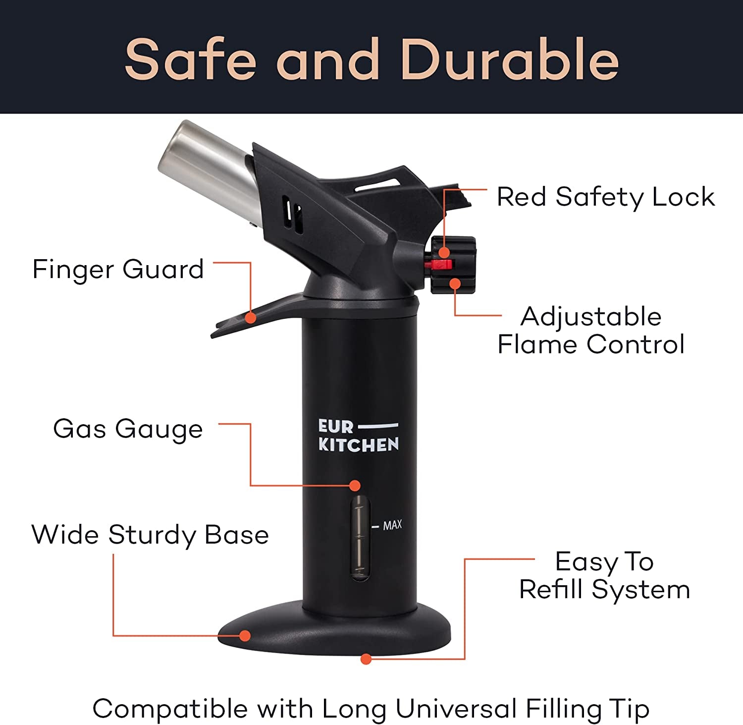 Premium Culinary Butane Torch with Gauge, Safety Lock, Adjustable Flame, Guard- Refillable Cooking Torch Lighter for Creme Brulee, BBQ, Baking, Soldering, Crafts- Butane Gas Not Included