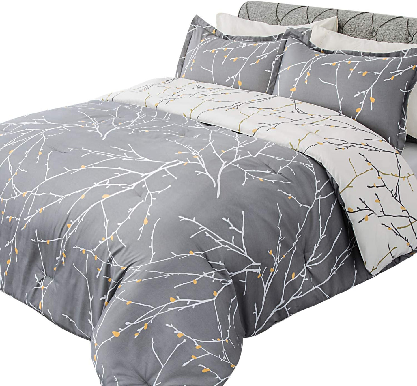 Comforter Set Queen Size, Reversible down Alternative Comforter Microfiber Duvet Insert Sets (1 Comforter + 2 Pillow Shams), Tree Branch Floral, Grey&Ivory