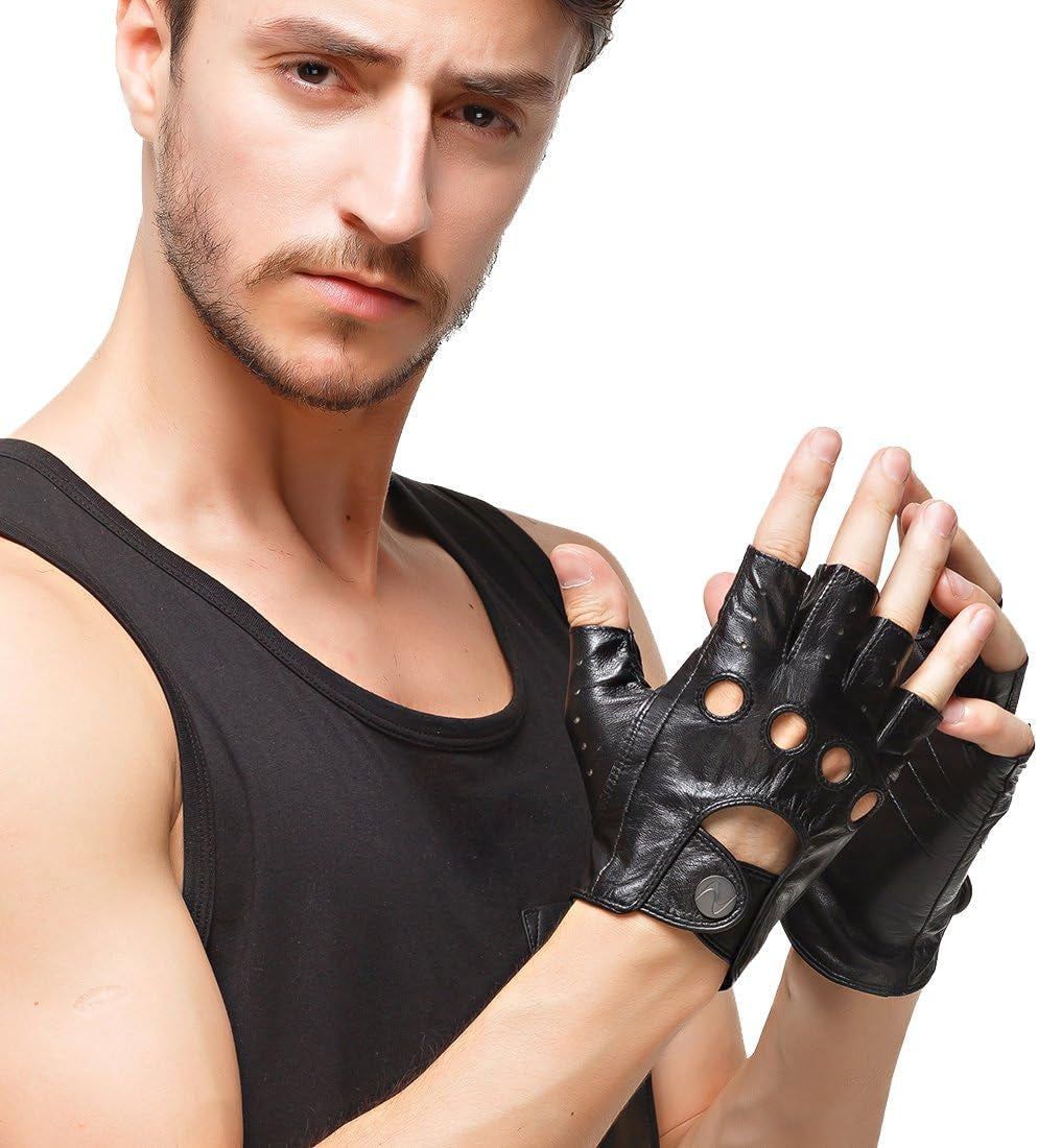 Men'S Leather Driving Gloves Italian Lambskin Half Finger Fingerless Unlined Gloves for Motorcycle Cycling Riding