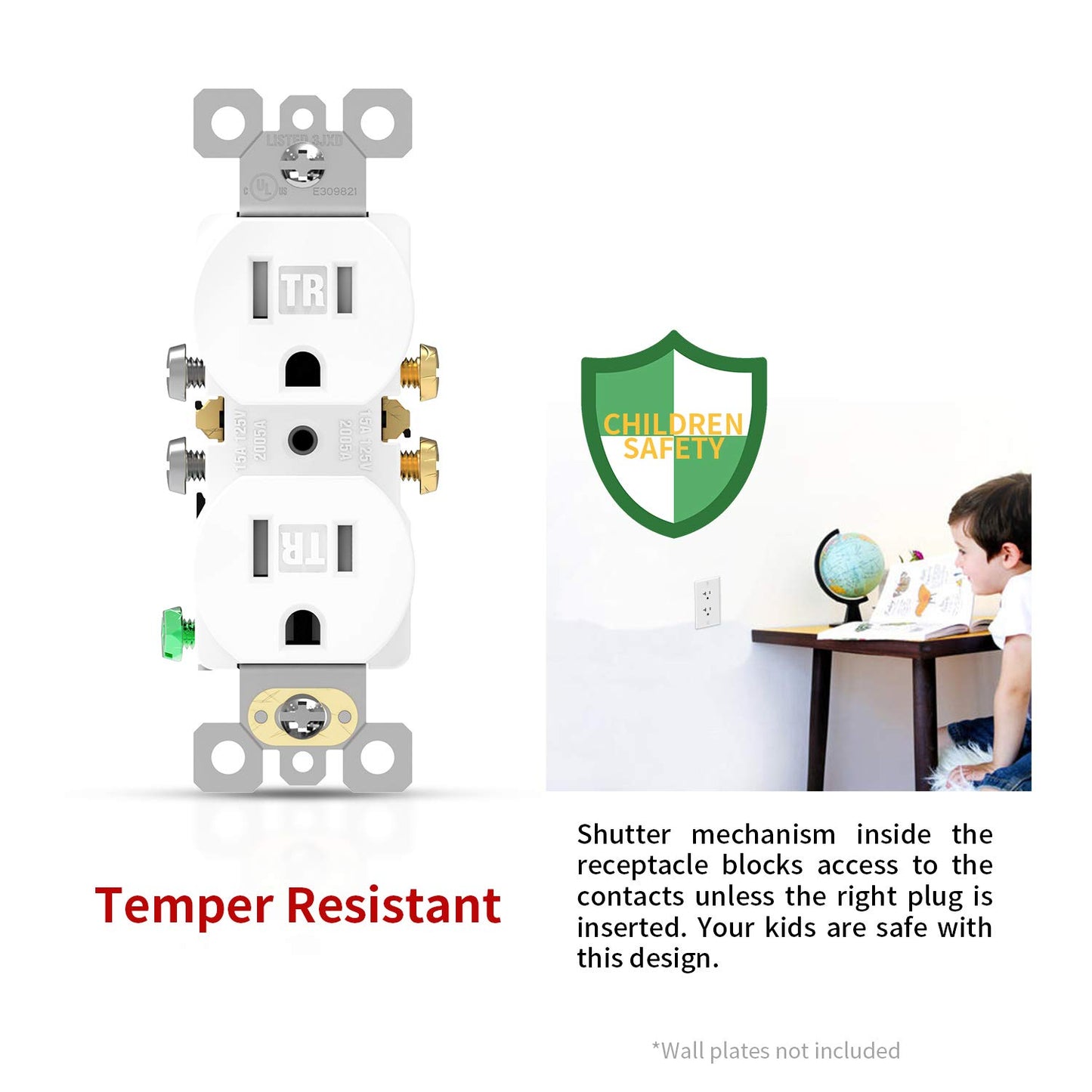 Duplex Receptacle Outlet, TR Outlets, Residential, 3-Wire, Self-Grounding, 15Amp 125V, UL Listed, White(10, White, Push Wire)