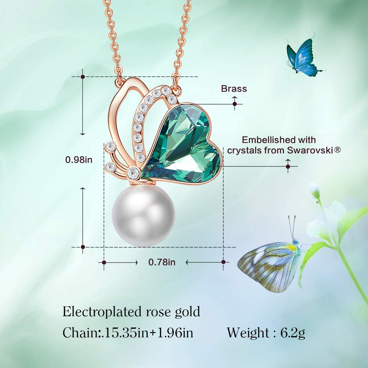 Rose Gold Women Necklace Pink/Green Heart Pendant Embellished with Crystals Jewelry for Women