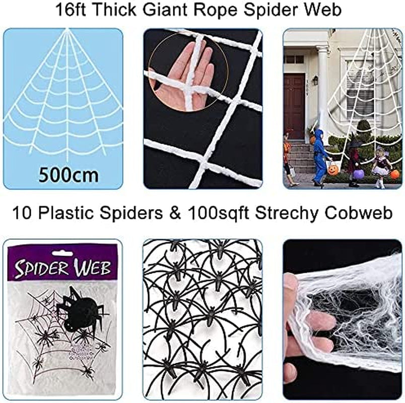 Halloween Decorations, 200" Triangular Huge Spider Web+50” Giant Spider with Spooky Sound+Plastic Fake Spiders, Scary Large Spider Halloween Party Props Decor Indoor Outdoor Home Garden Yard