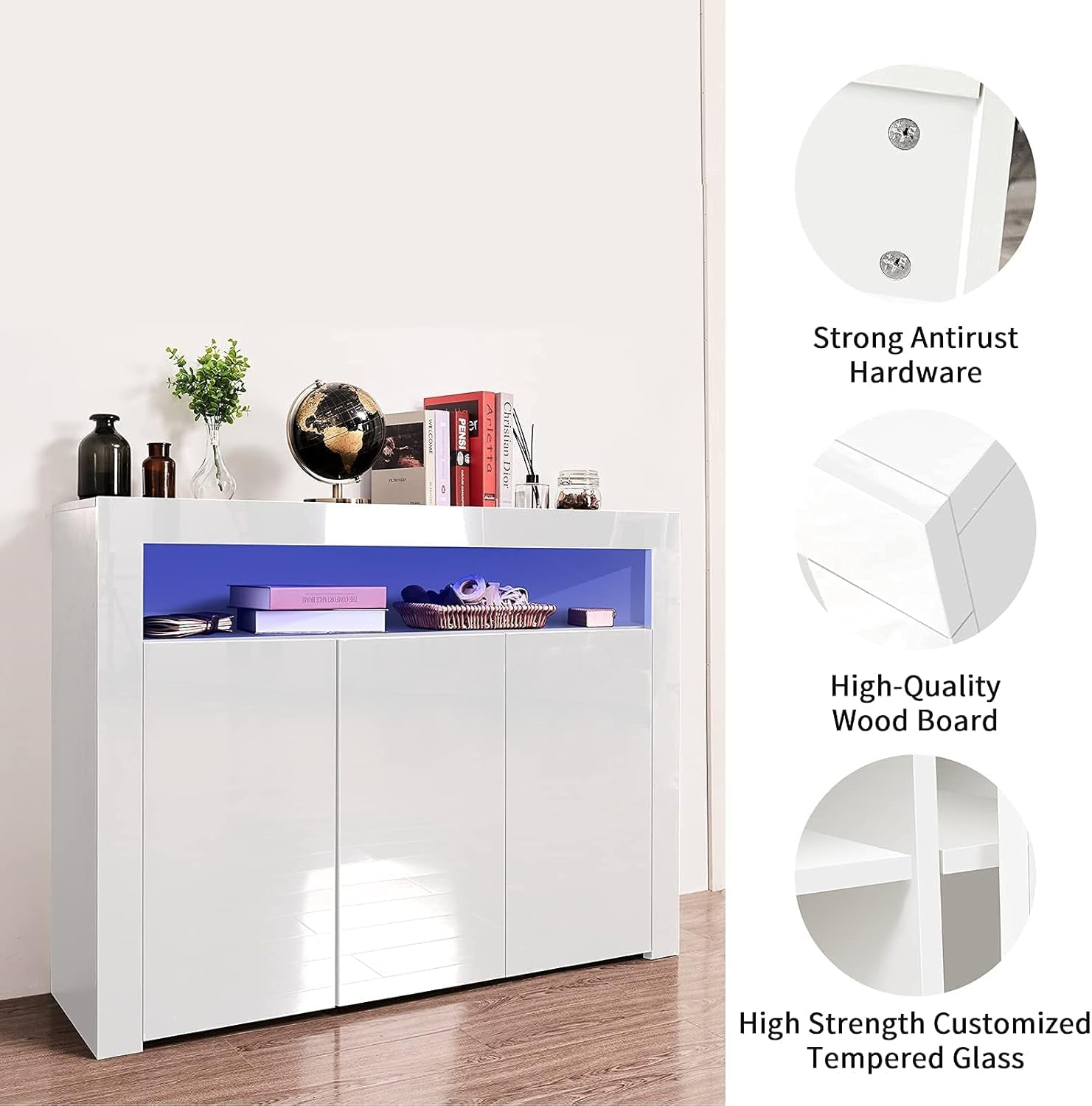 Modern High Gloss Sideboard Buffet Storage Cabinet with Led Lights, 1 Open Shelf and 3 Doors, Cupboard for Kitchen, Dining Room and Living Room, White (004W)