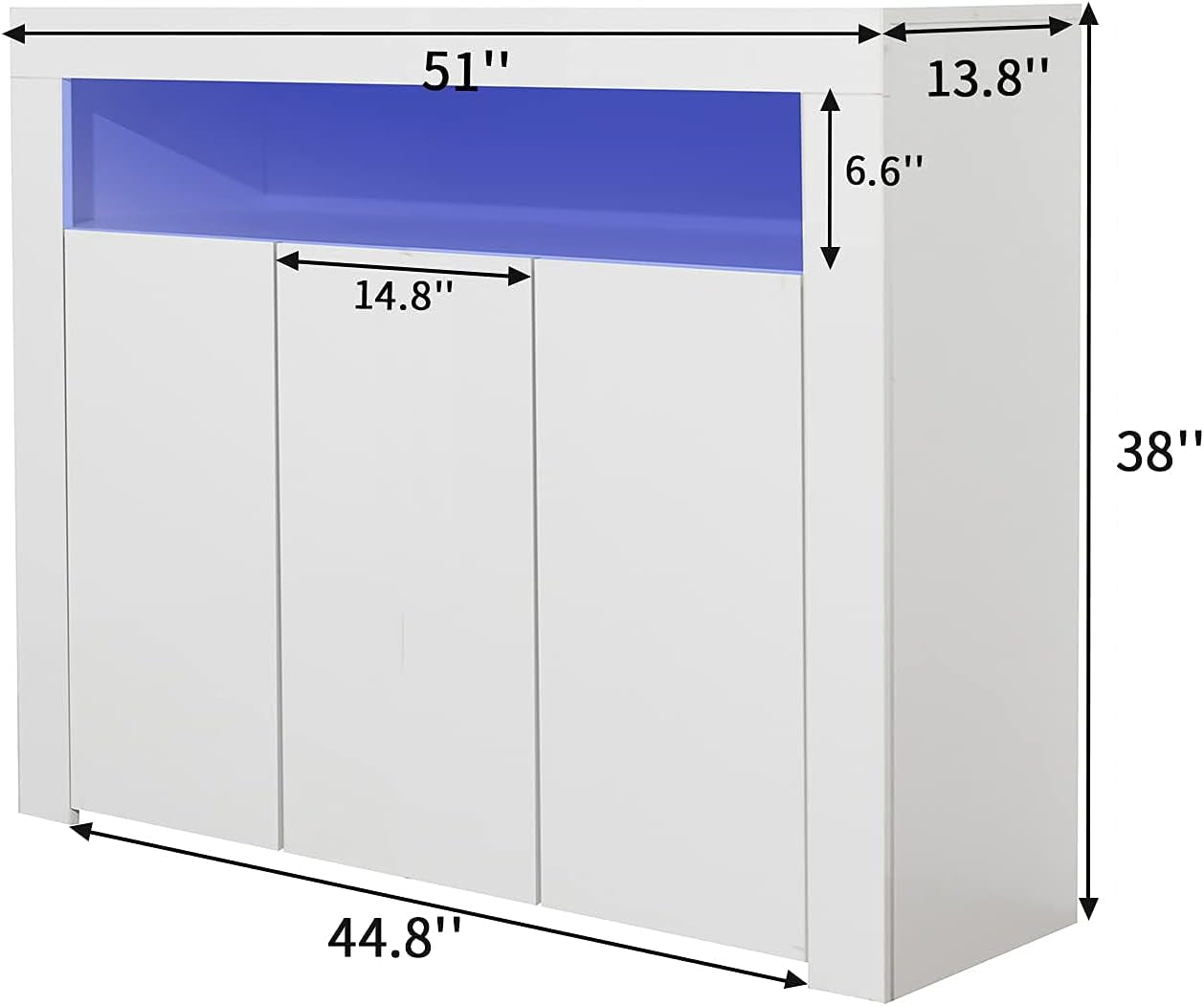 Modern High Gloss Sideboard Buffet Storage Cabinet with Led Lights, 1 Open Shelf and 3 Doors, Cupboard for Kitchen, Dining Room and Living Room, White (004W)