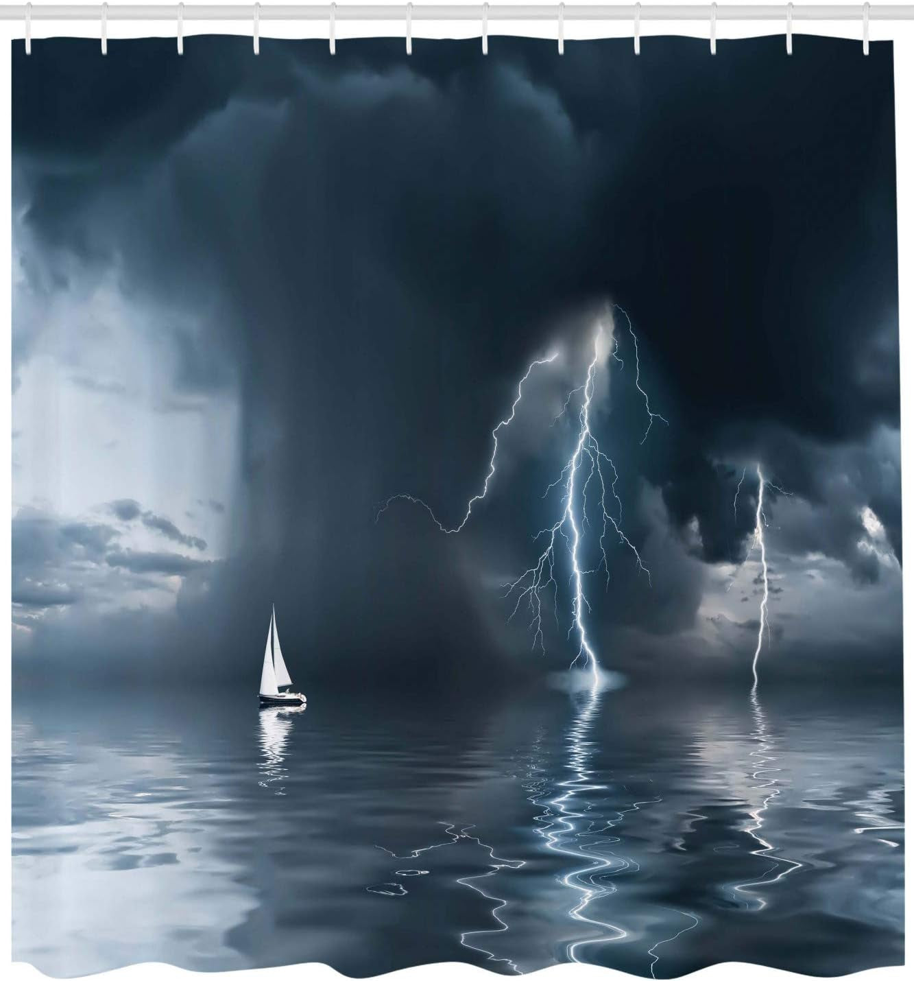 Sailboat Shower Curtain, Yacht at the Ocean Comes Nearer a Thunderstorm Rain and Bolt Art Print, Cloth Fabric Bathroom Decor Set with Hooks, 69" W X 70" L, Blue Grey