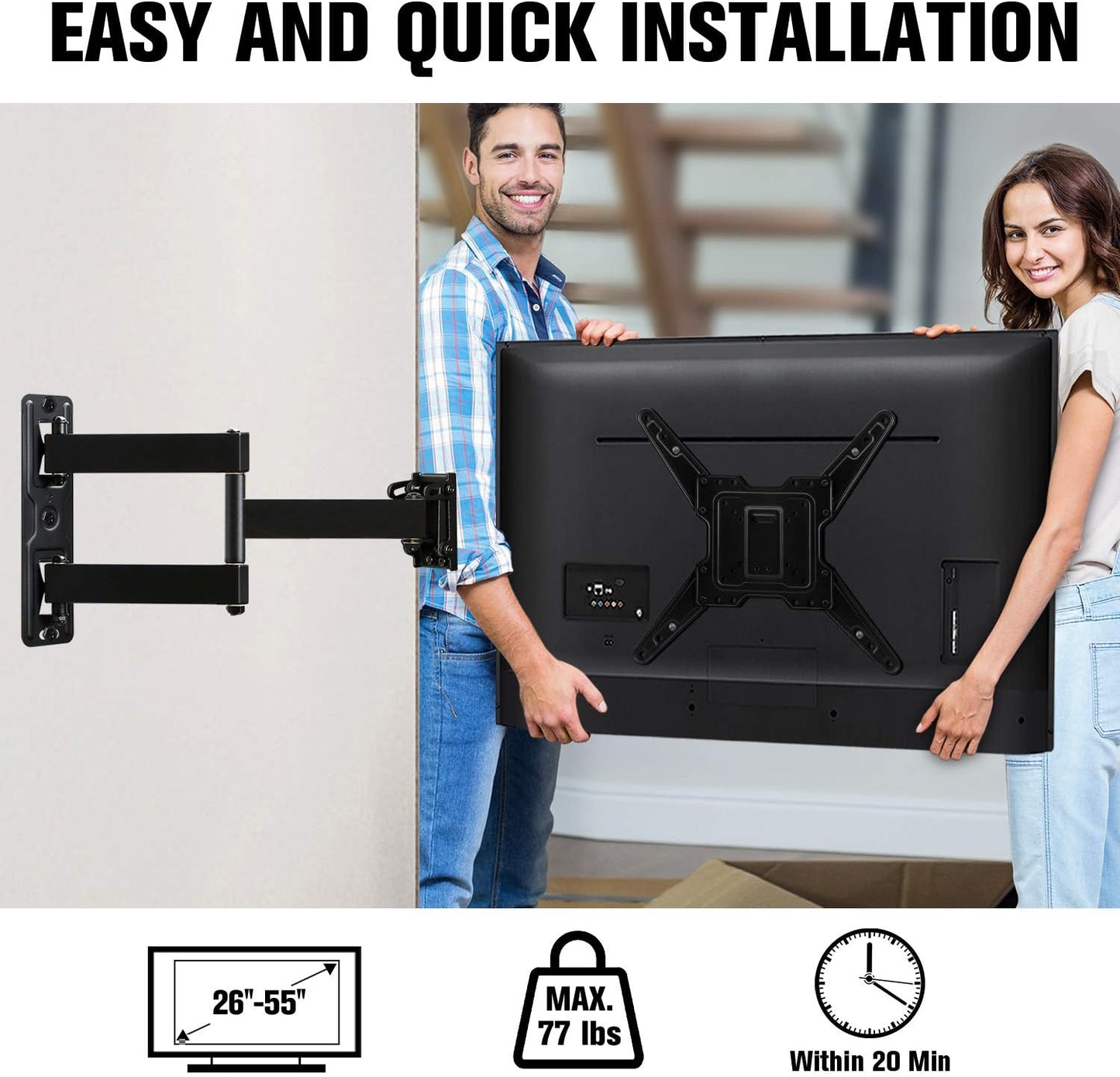 Full Motion TV Wall Mount Bracket for 26-55 Inch Tvs, Swivel TV Wall Mount Bracket with TV Center Design & Extend 16.7 Inch, up to VESA 400X400Mm and 77LBS