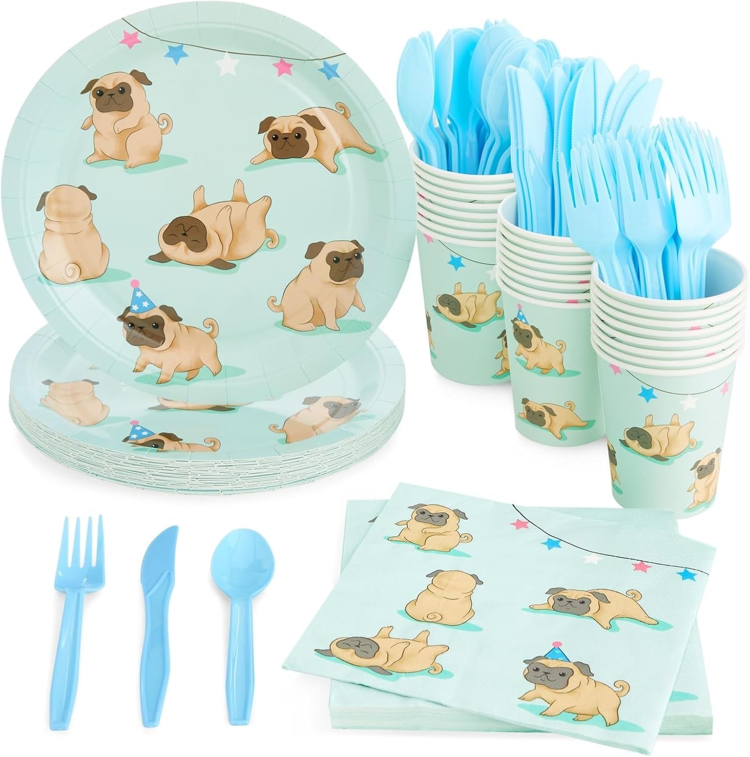 144 Piece Pug Party Supplies, Dog Birthday Decorations with Paper Plates, Napkins, Cups, and Cutlery (Serves 24)