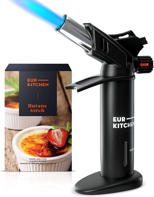 Premium Culinary Butane Torch with Gauge, Safety Lock, Adjustable Flame, Guard- Refillable Cooking Torch Lighter for Creme Brulee, BBQ, Baking, Soldering, Crafts- Butane Gas Not Included