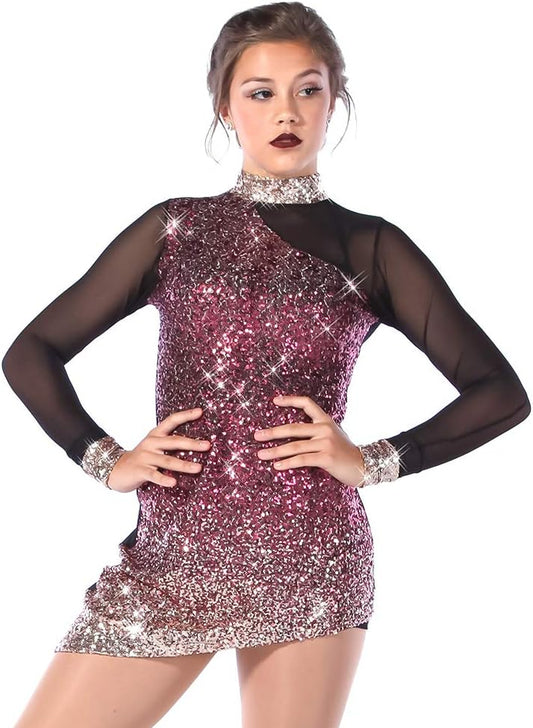 Womens Unstoppable Ombre Sequin Mesh Dance Costume Dress Rose