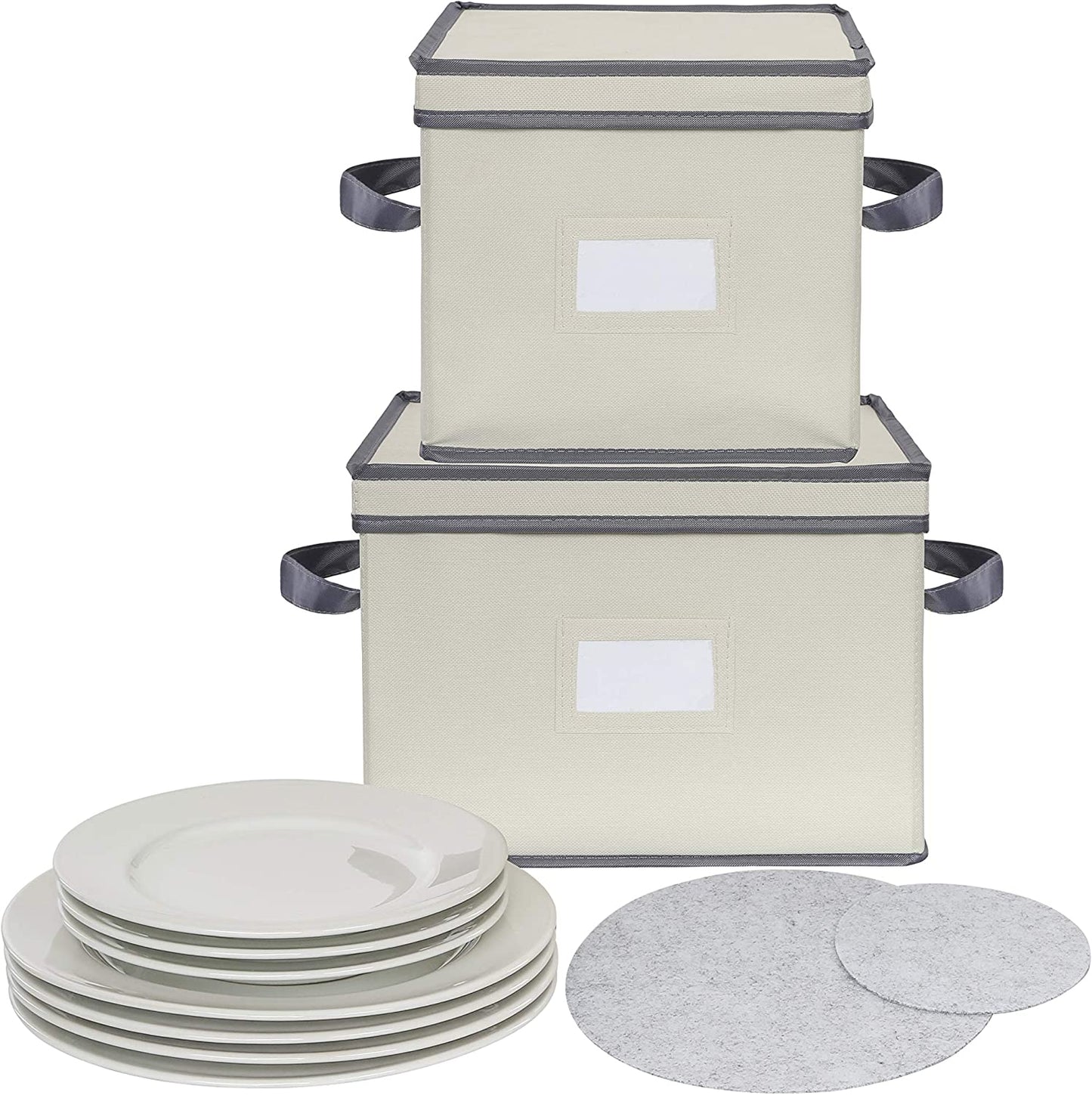 Plate Storage Chests (2-Piece Set), Dinnerware Protective Container Box for Dinner, Salad or Dessert Plates (Light Beige-Gray)