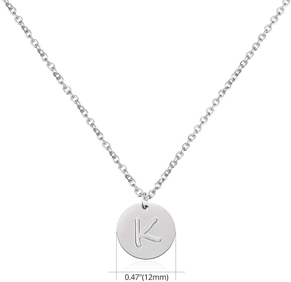 Stainless Steel Initial Necklaces Rose Gold Silver Tone Alphabet 12Mm / 0.47 Inches Tiny Disc Pendant Initial Necklace for Women Girls